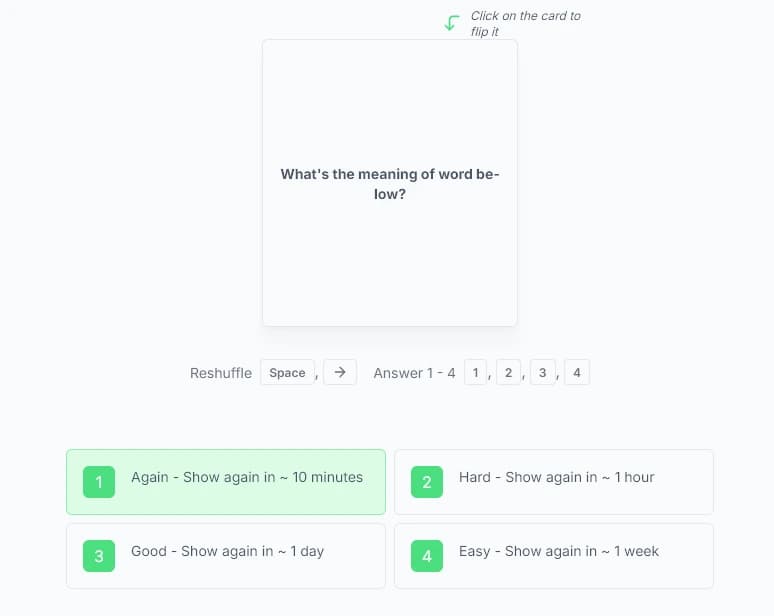 Question/Index flashcard revise options